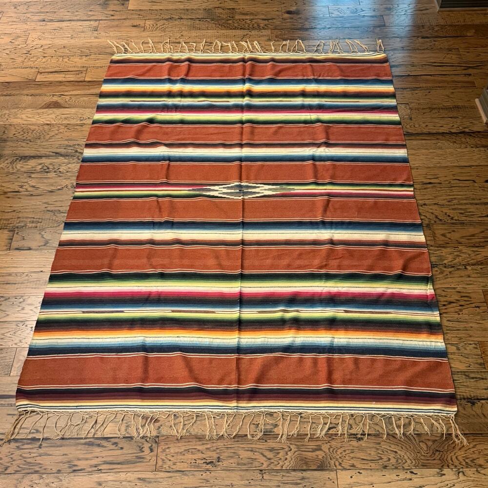 Vintage Mexican Saltillo Serape Wool Blanket Rug Woven Striped Southwest Aztec